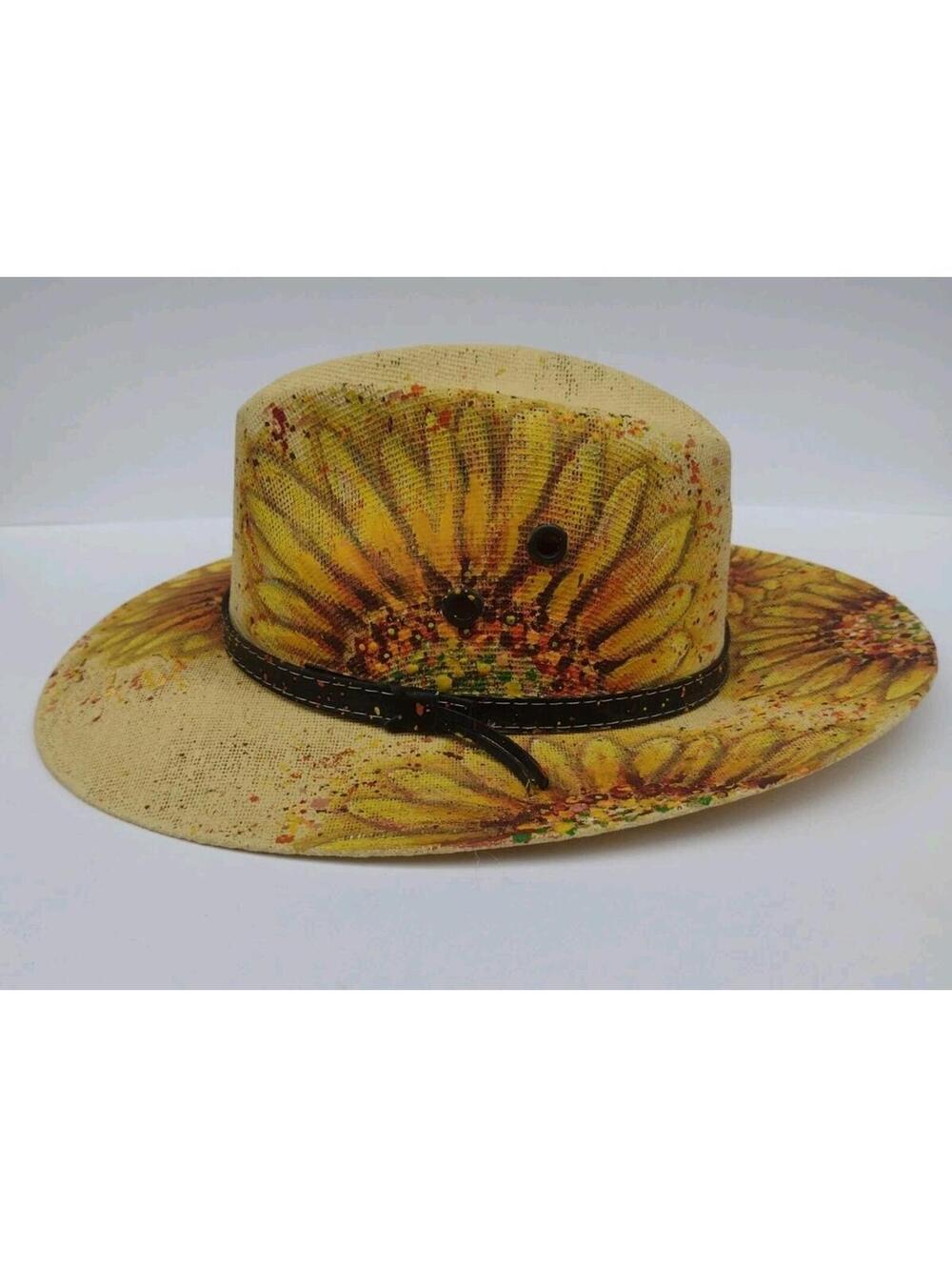 VTG Hand Painted Sunflower Mexican Straw Hat Leather Band Boho Western Ranch M